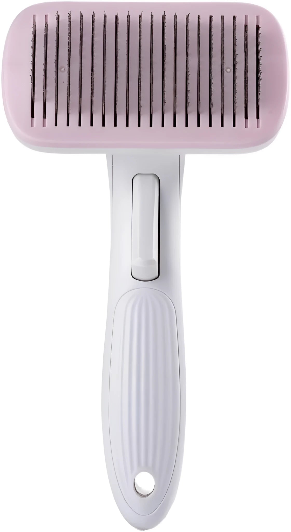 Automatic pet grooming comb with four interchangeable heads in blue, grey, green, or pink colours.