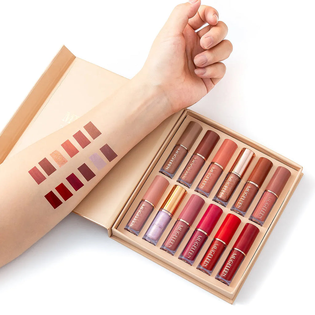 12-piece matte shimmer lip glaze set with non-transfer fade-resistant colours in neutral skin tone shades