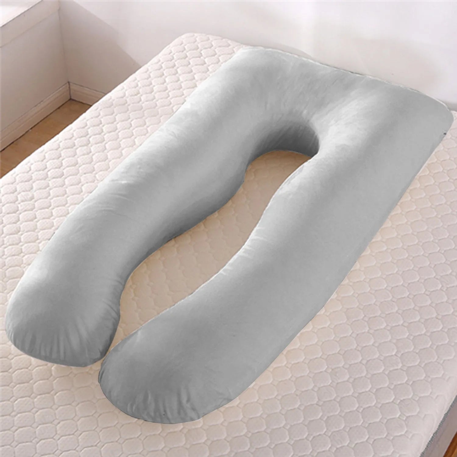 U-shaped maternity pillow for pregnant women in ice silk fabric, shown in light blue colour