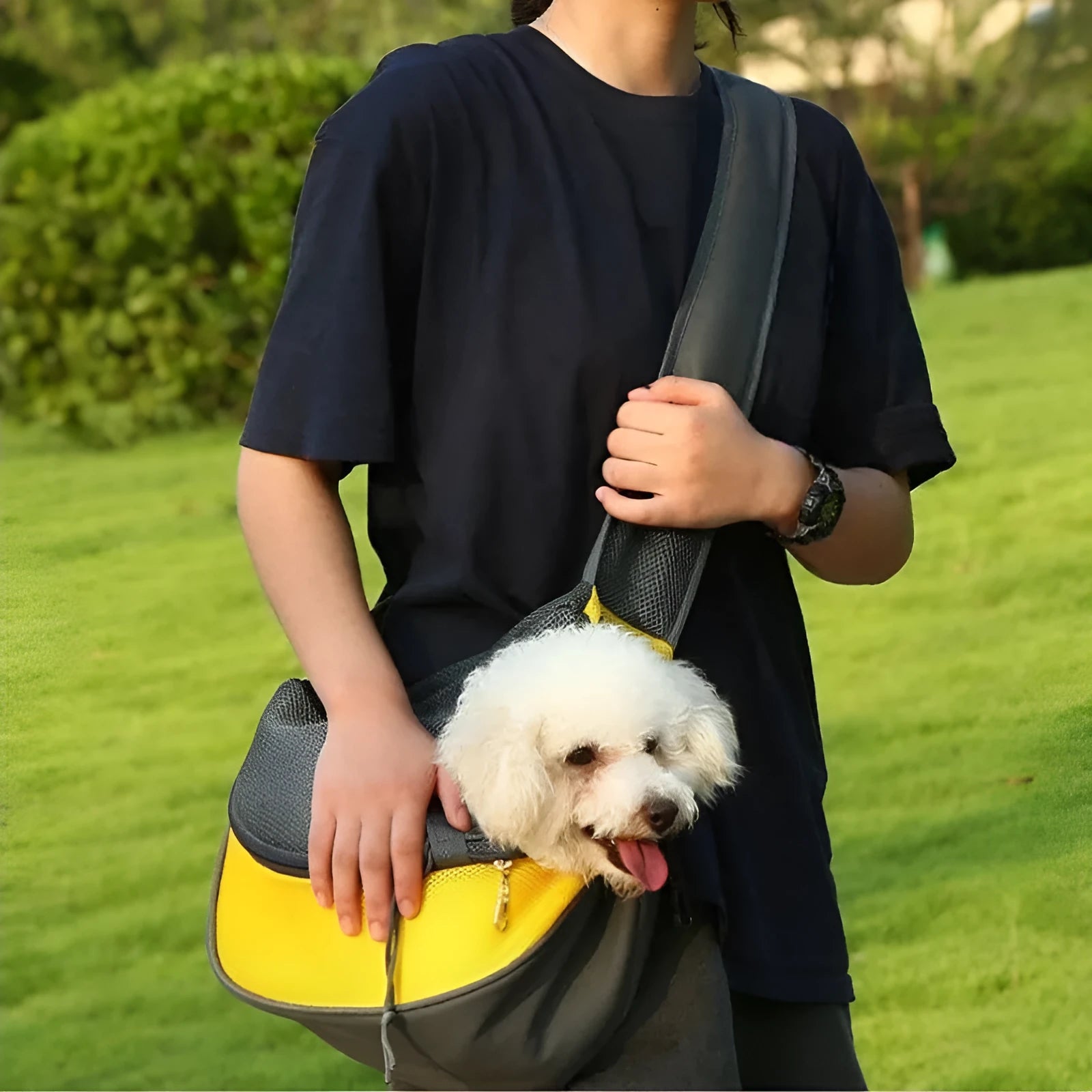 Mesh fabric pet carrier sling bag with single shoulder strap, shown in assorted colours.