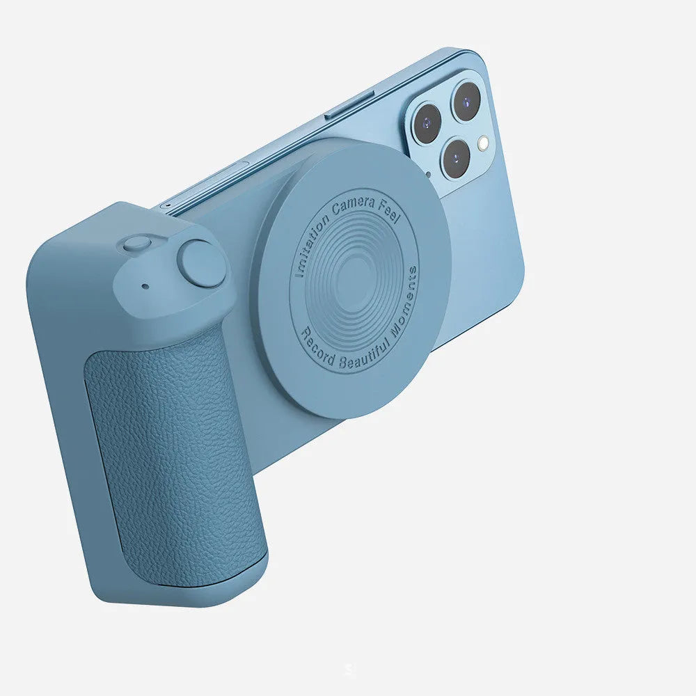Black magnetic camera handle bracket holding smartphone with rotatable design and ergonomic grip
