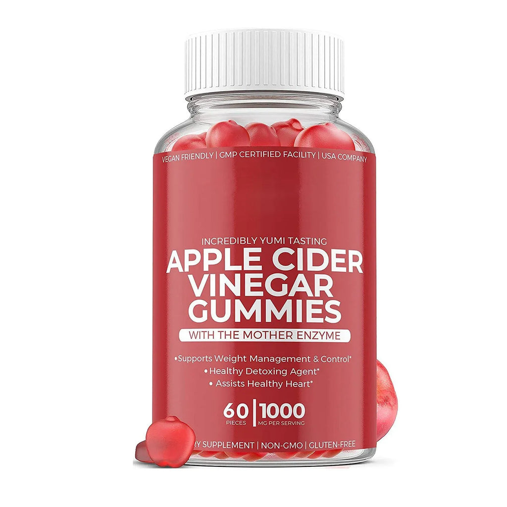 Bottle of apple cider vinegar gummies containing 60 soft candy tablets for adult supplementation