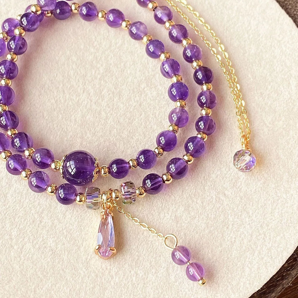 Purple crystal amethyst bead double bracelet with electroplated celestial pattern for women