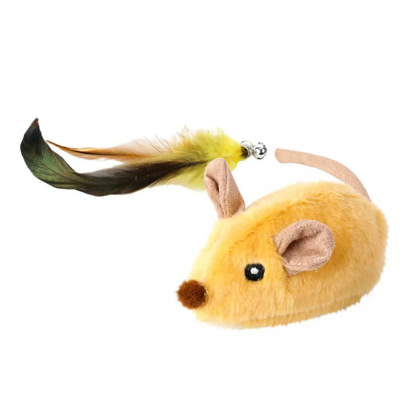 Grey and yellow electronic charging simulation mouse cat toy with feather tail decorations.