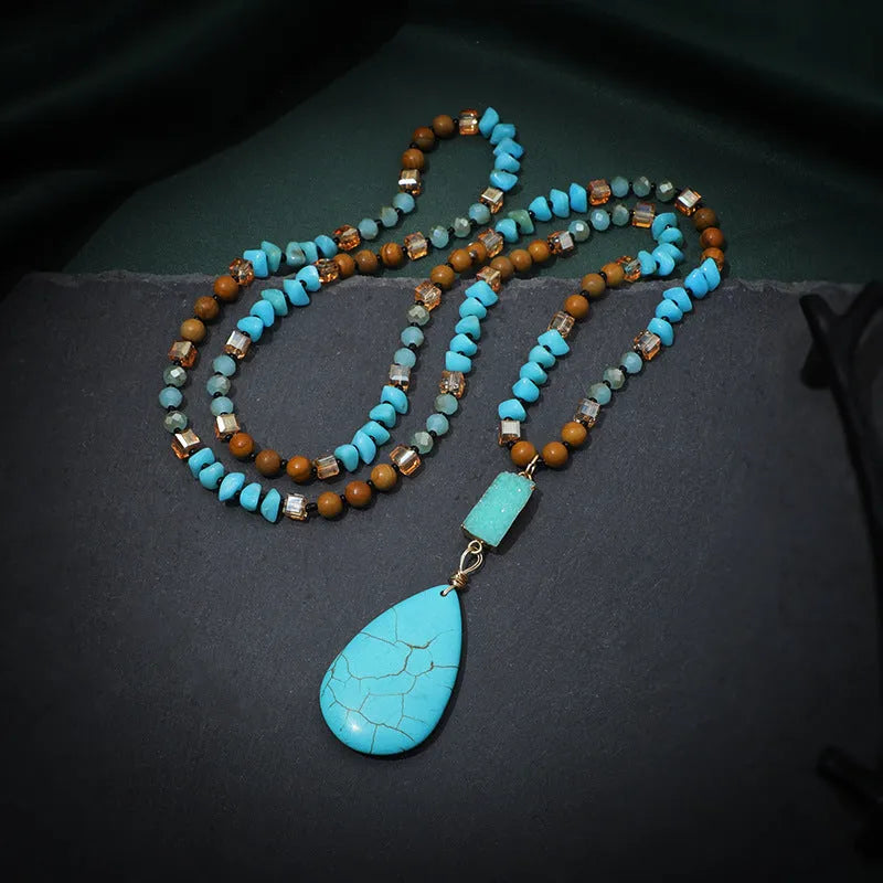 Turquoise water drop pendant necklace with mixed gem inlay and ball bead chain