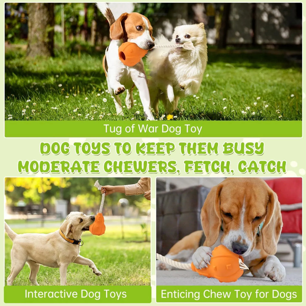 Natural rubber stuffable dog toy with a long strap for fetching, shown next to a measure showing 30cm length.