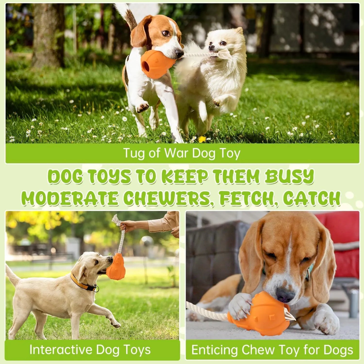 Natural rubber stuffable dog toy with a long strap for fetching, shown next to a measure showing 30cm length.