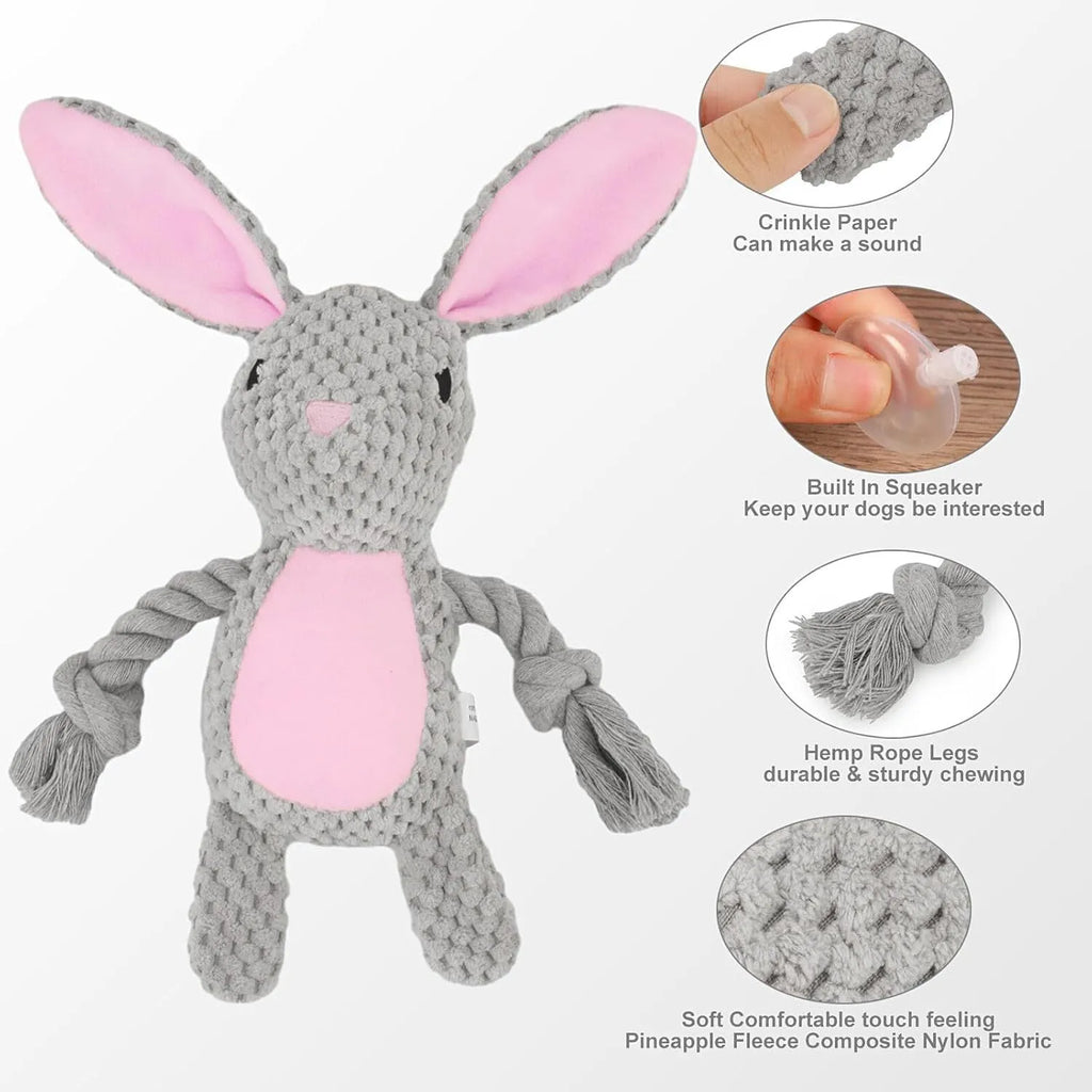 Crinkle paper stuffed dog toy with squeaker and cotton rope in animal designs for small to medium dogs