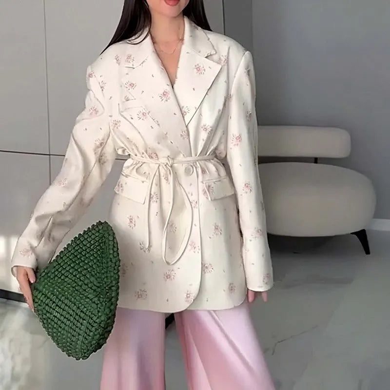 Women's white polyester suit jacket with collar lace-up waist detail and long sleeves