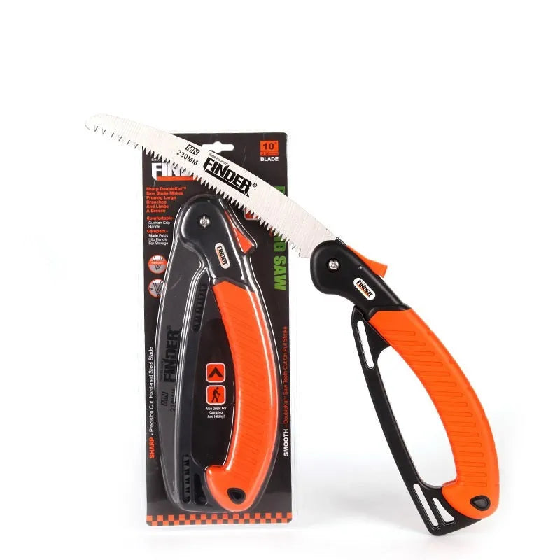 Folding garden hand saw with a 230mm steel blade and black TPR grip, shown open and closed.