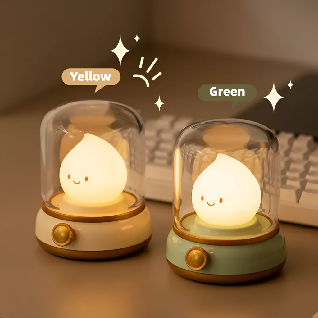 Green retro-style USB rechargeable LED night lamp with dimmer knob on wooden table