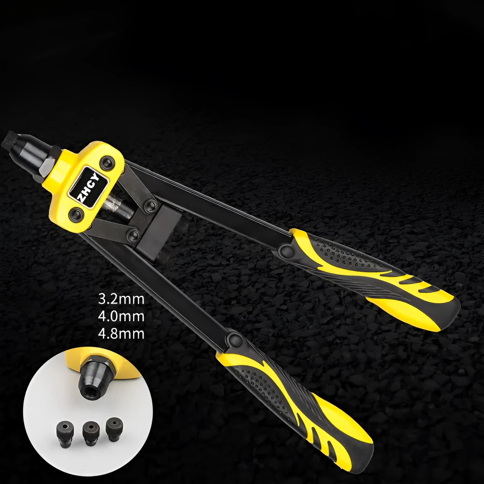 Yellow 13-inch manual rivet gun with built-in tips for household riveting applications