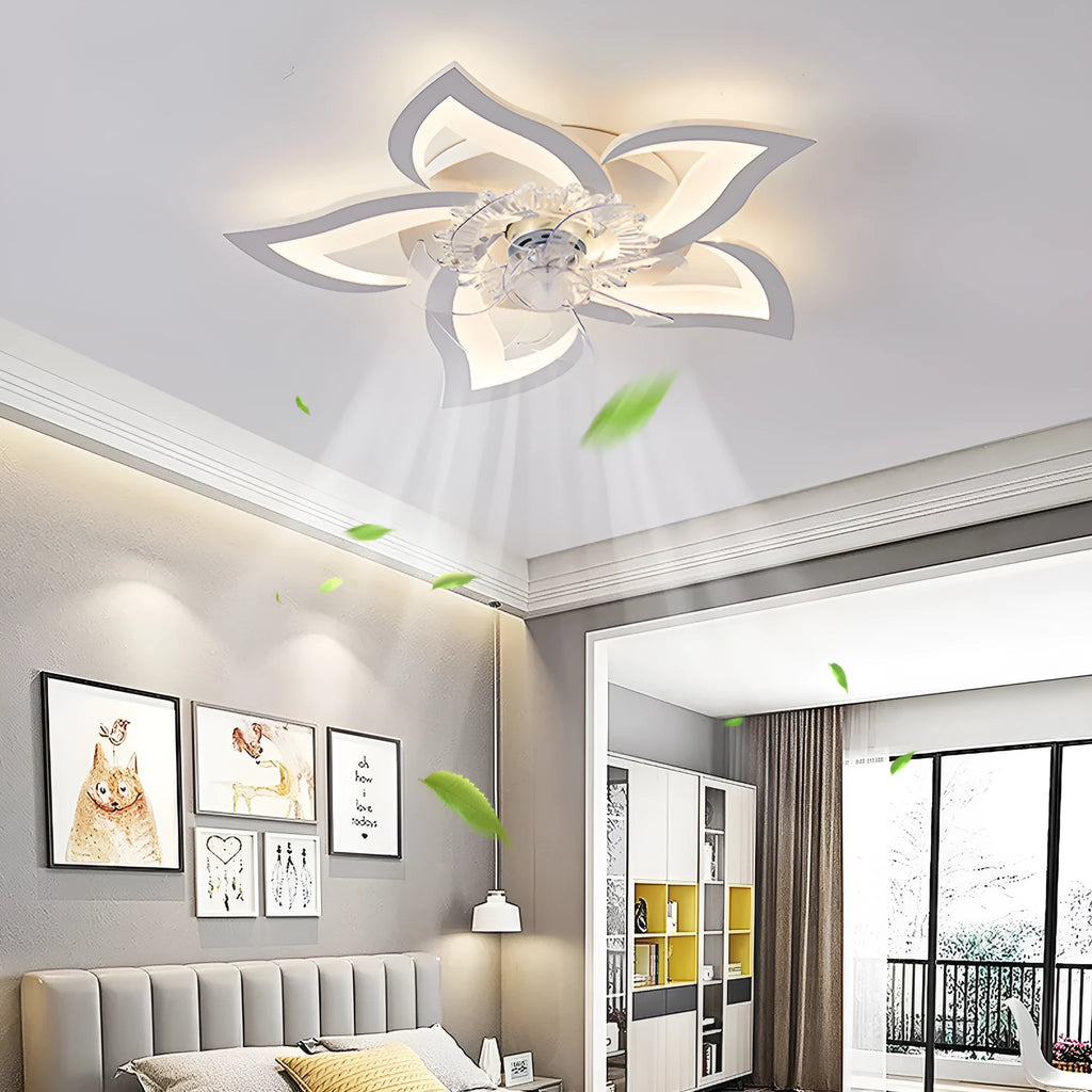 Modern white and black framed ceiling fan light with floral design blades and integrated acrylic light shade