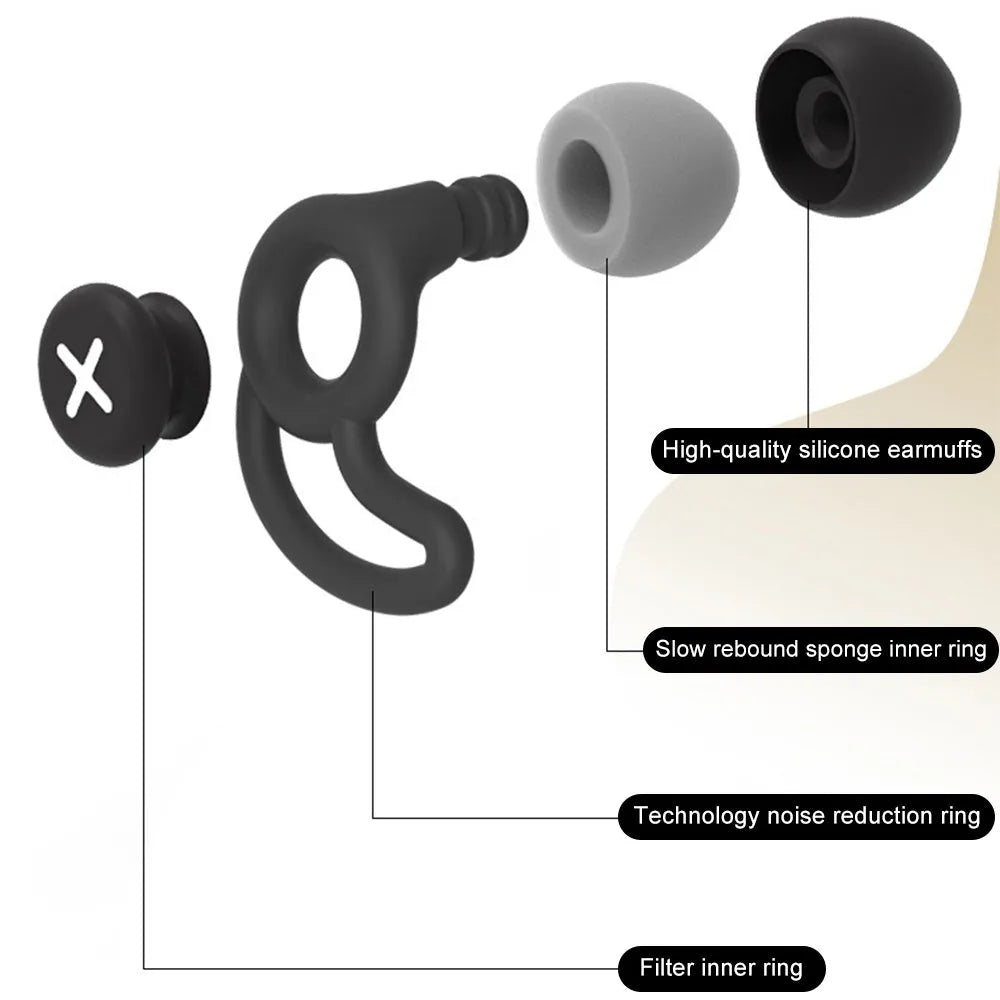 Silent Learning nano silica gel noise-cancelling earplugs in black with sponge tips, 17mm by 14mm