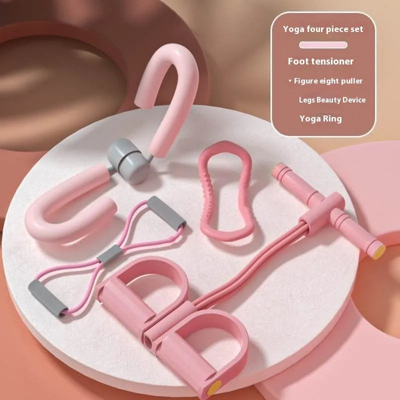 Yoga four piece fitness set showing leg stretcher, pedal resistance band, yoga ring, and figure-eight tension rope.