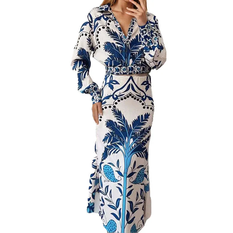Early spring casual fashion set with long sleeve blouse and long skirt in picture colour