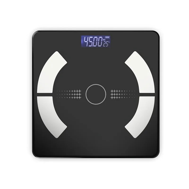 Smart Bluetooth body fat scale in white, black or pink colours with display showing body composition metrics