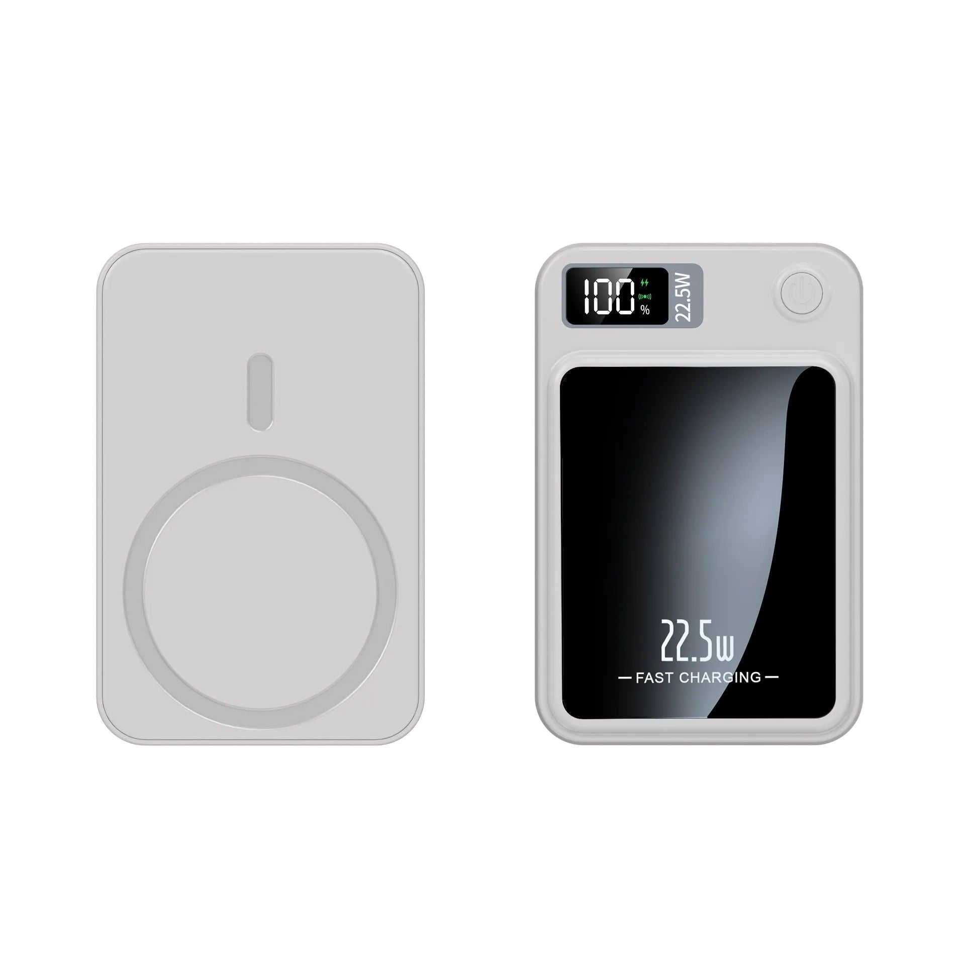 Wireless power bank in black, white, purple, or green with Magsafe charging surface.