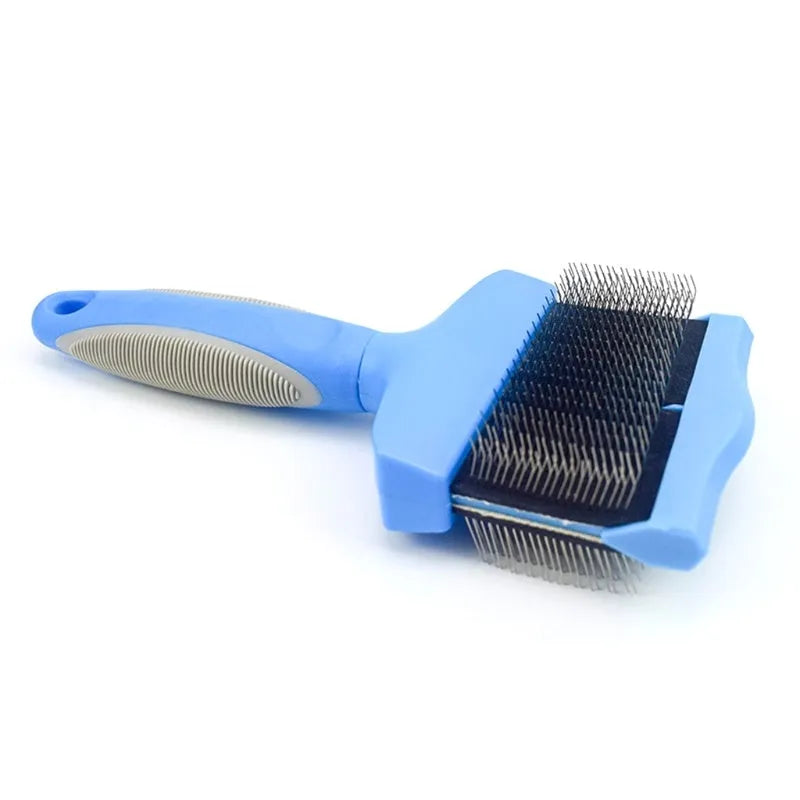 Double-sided blue pet grooming brush with stainless steel pins on one side and soft plastic bristles on the other.