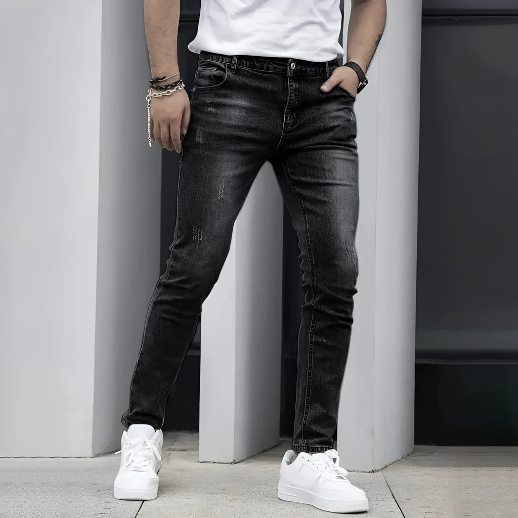 Men's stretch jeans in straight leg skinny fit with cotton-spandex fabric in black, dark blue or grey colours