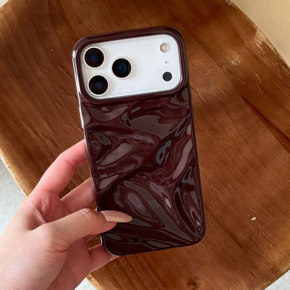 Oil filled pleated PC soft shell phone case for iPhone showing texture and colour options