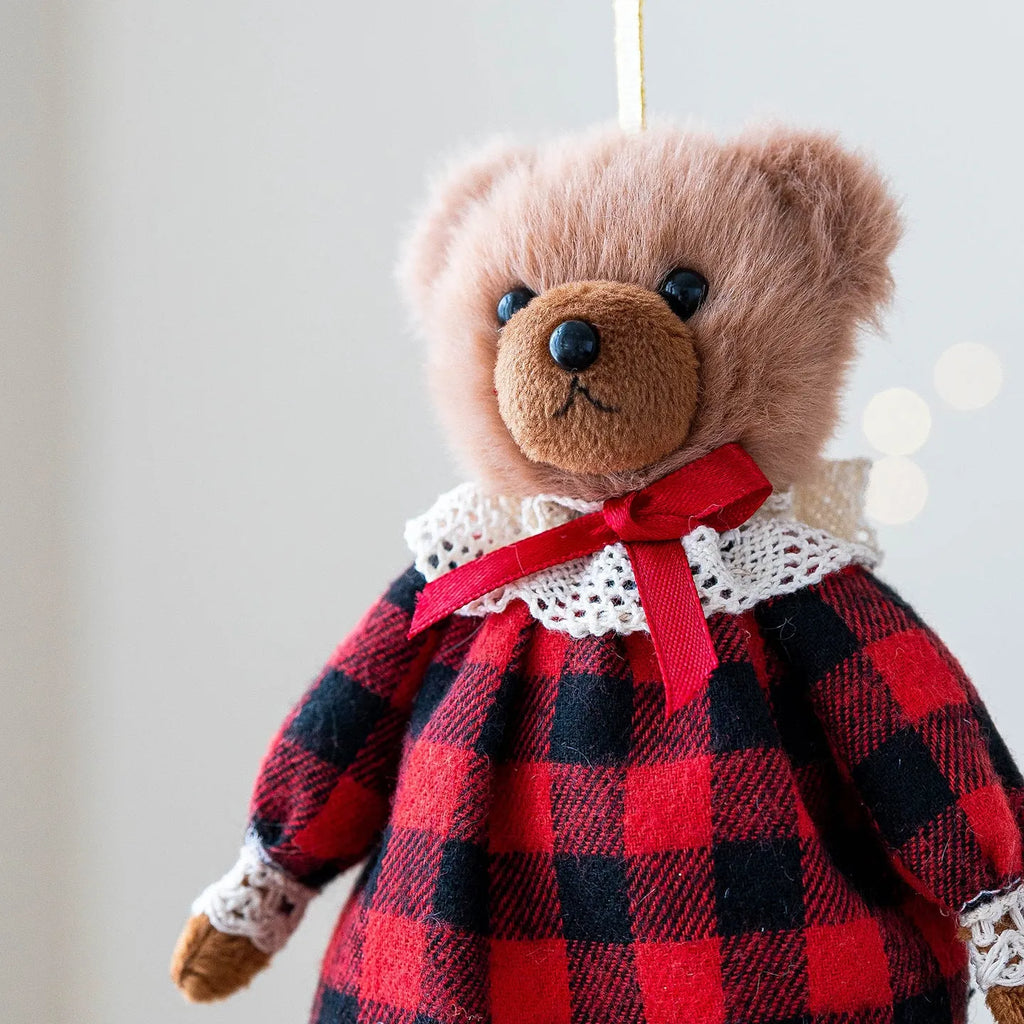 Cloth plush bear doll wearing cotton suit with plaid pattern, available as gentleman bear or princess bear design