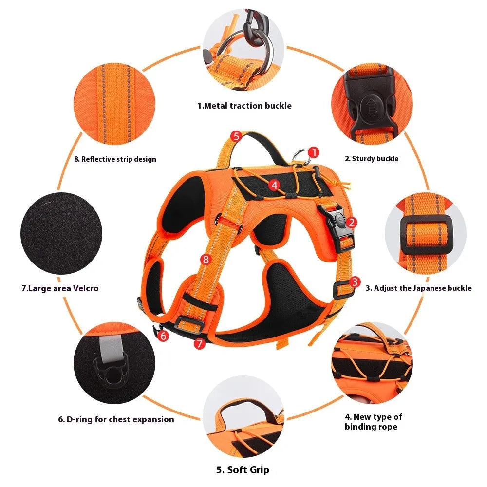 Orange dog harness with reflective trim, showing the explosion-proof chest strap and attached black hand-holding rope.