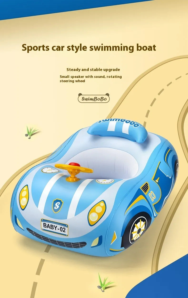 Pink children's inflatable swimming ring with mini steering wheel and sports car boats pattern
