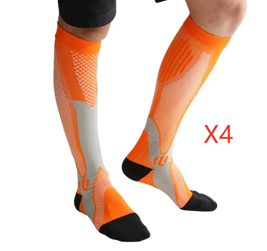 Graduated compression socks for running and travel in multiple colours with size measurements displayed