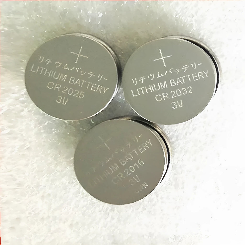 Pack of 3V alkaline button batteries showing CR2032, CR2025, and CR2016 models.
