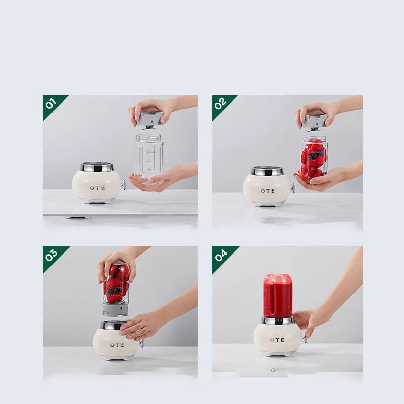 Small portable fruit juicer in blue, green, pink or white colour with 400ml capacity and charging cable
