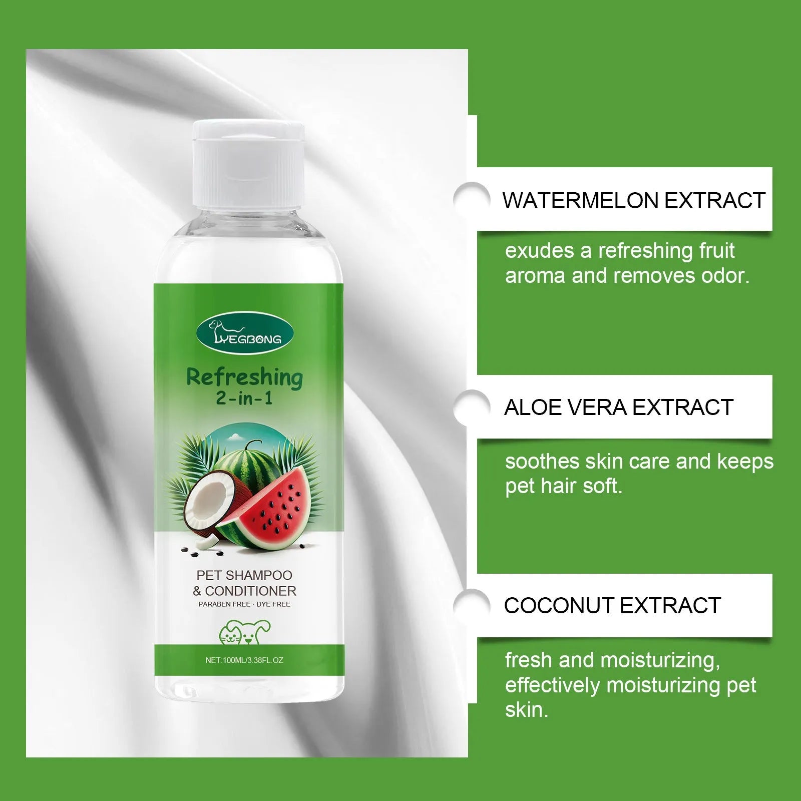 100ml bottle of pet 2-in-1 shampoo shower gel with watermelon and coconut scent.