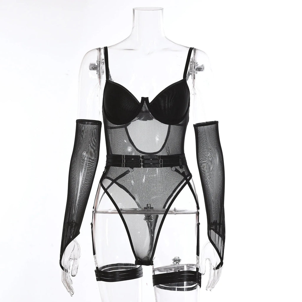 Women's sheer black mesh jumpsuit, a one-piece transparent costume for game wear.