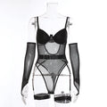 Women's sheer black mesh jumpsuit, a one-piece transparent costume for game wear.