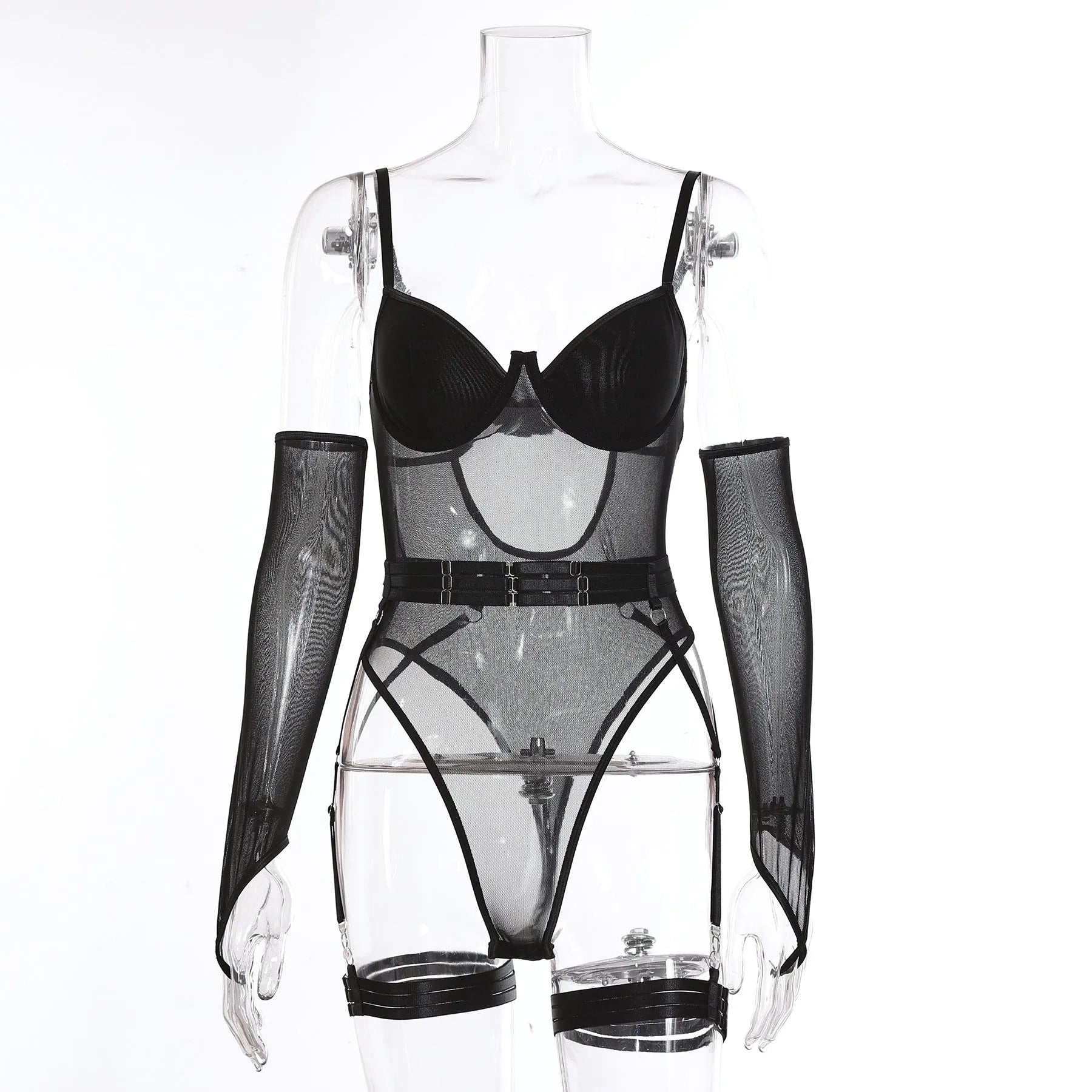 Women's sheer black mesh jumpsuit, a one-piece transparent costume for game wear.