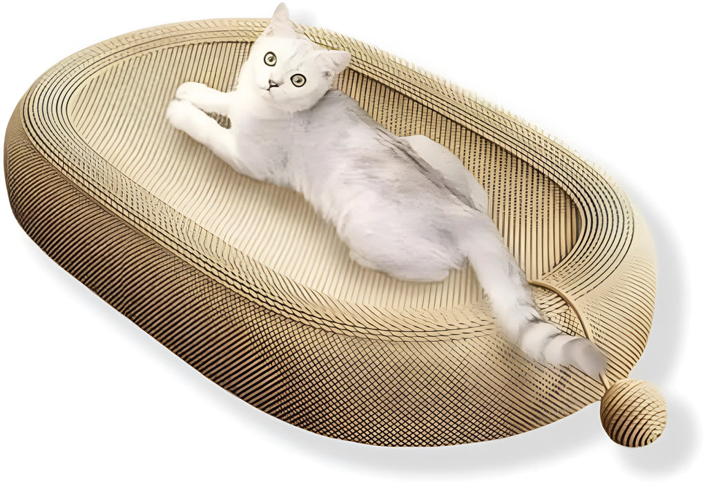 Large sisal cat scratching board with cloud-shaped lounge bed in a home setting