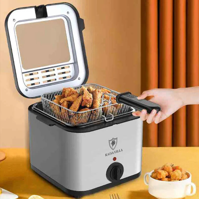 Silver 2.5L electric deep fryer with detachable basket on a kitchen countertop.