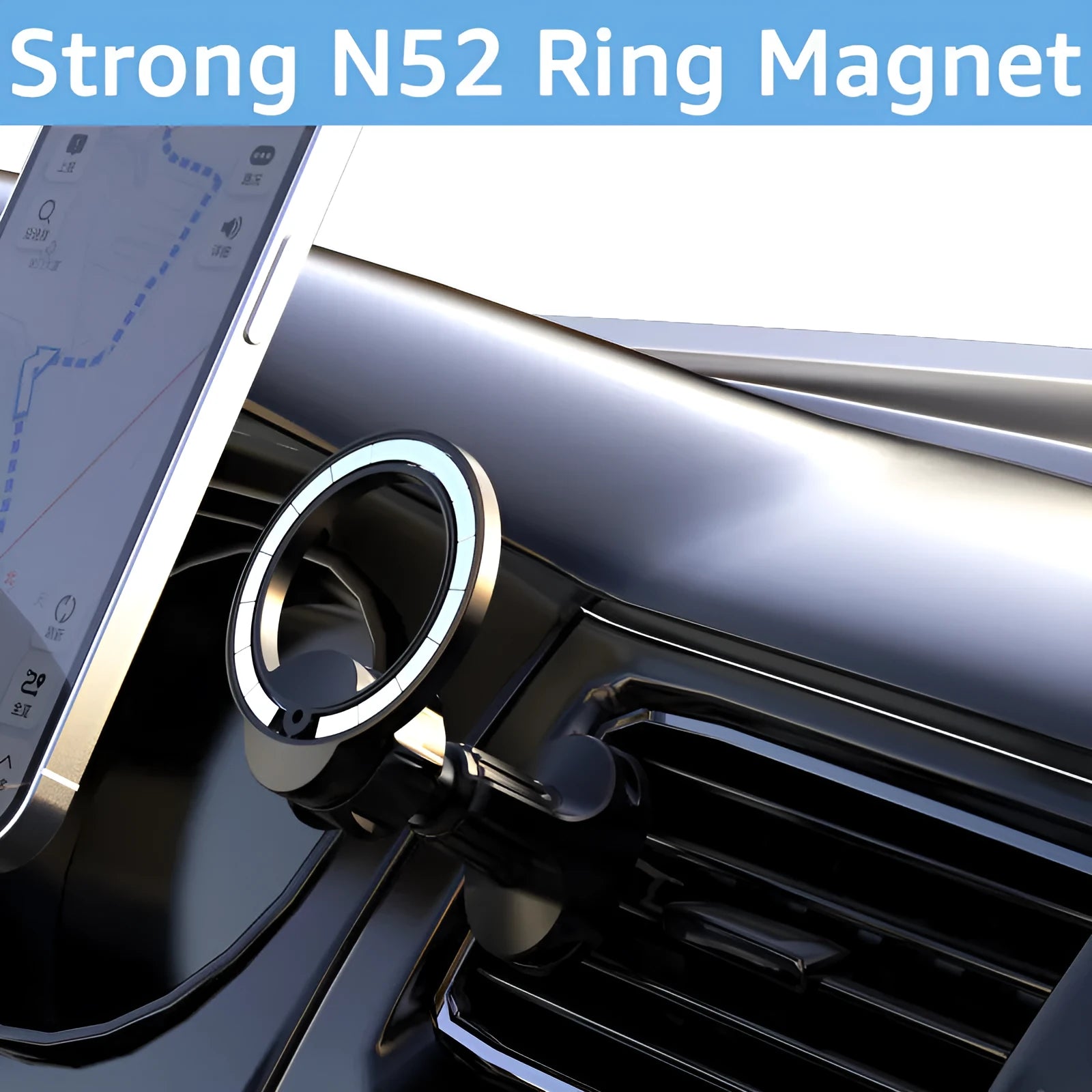 Black magnetic car phone holder mounted on car air vent with O-ring bracket
