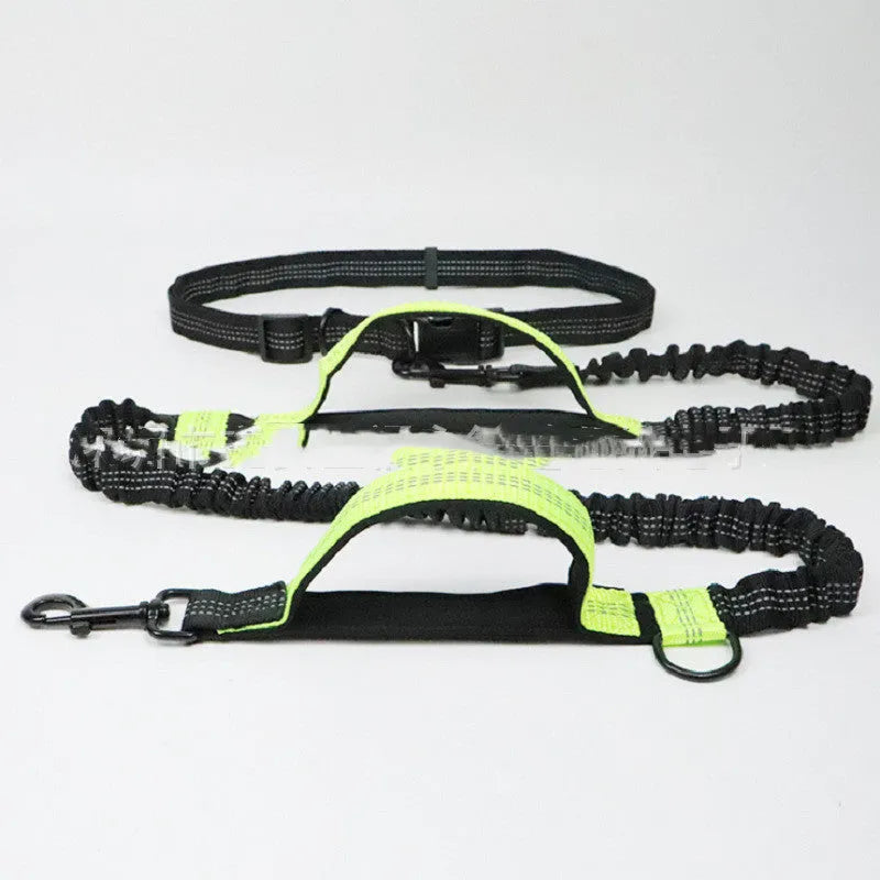 Adjustable polyester dog running belt with bungee lead in fluorescent green, shown attached to a waist.