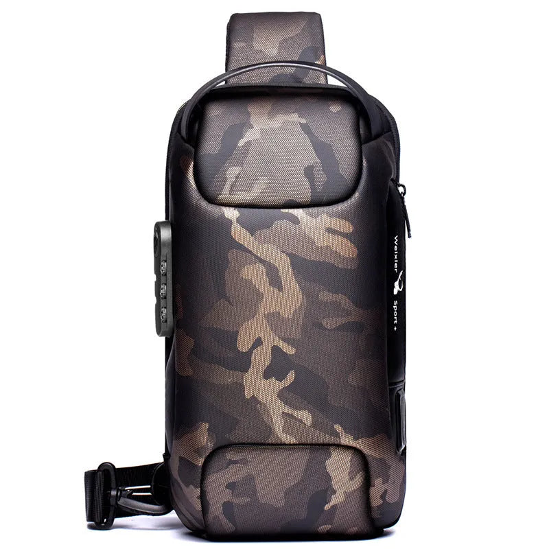 Men's canvas chest shoulder bag in square vertical design with business organiser compartments