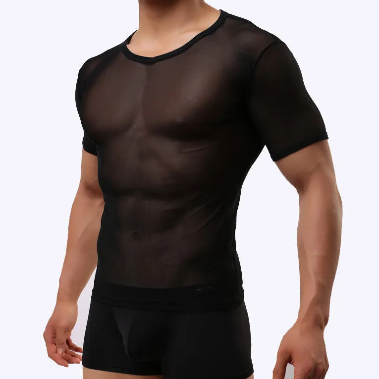 Men's slim fit nylon mesh T-shirt in solid colours including sapphire blue and black.