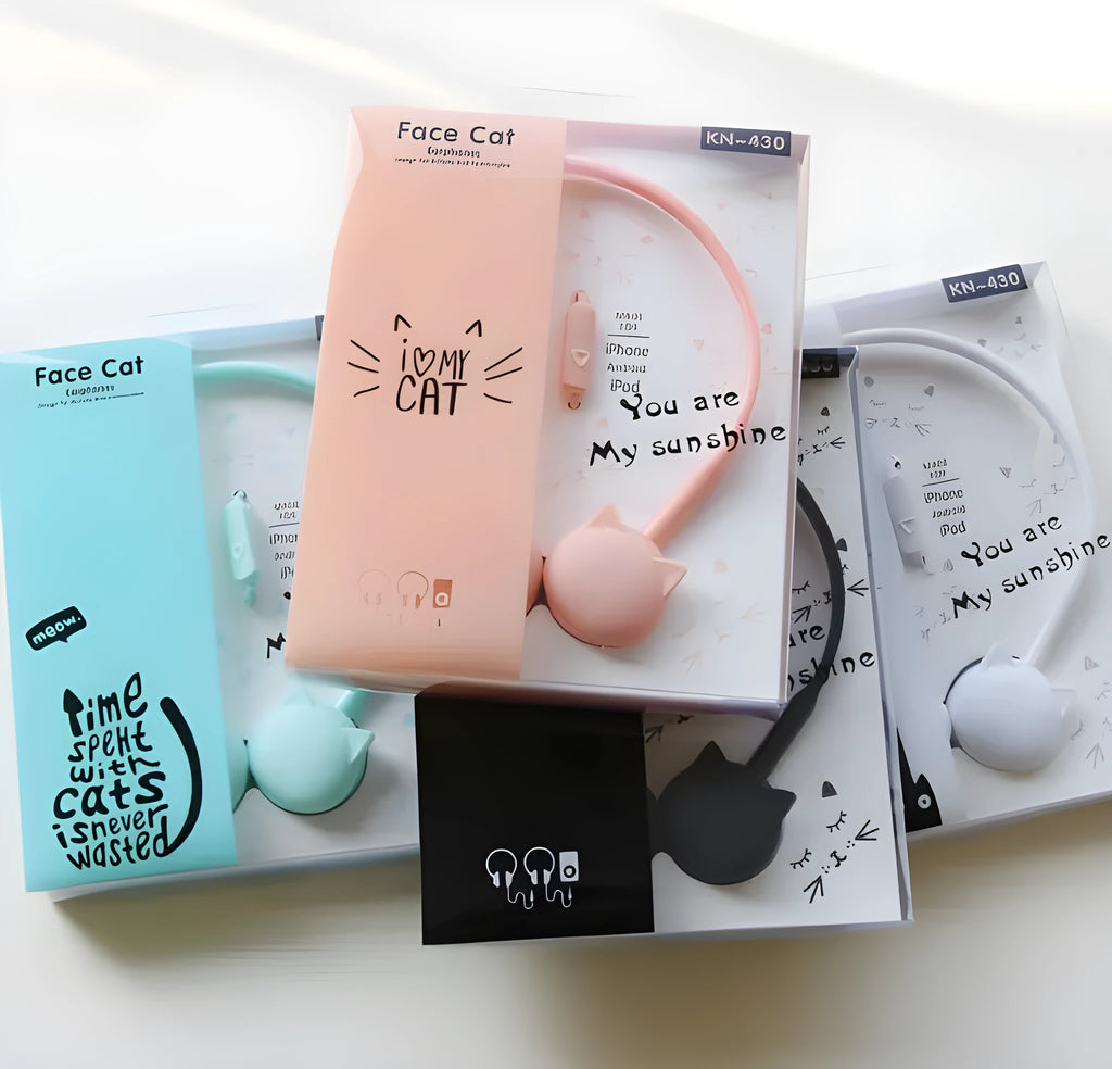 Cat stereo earphones with LED lights on ears and adjustable headband in four colour options