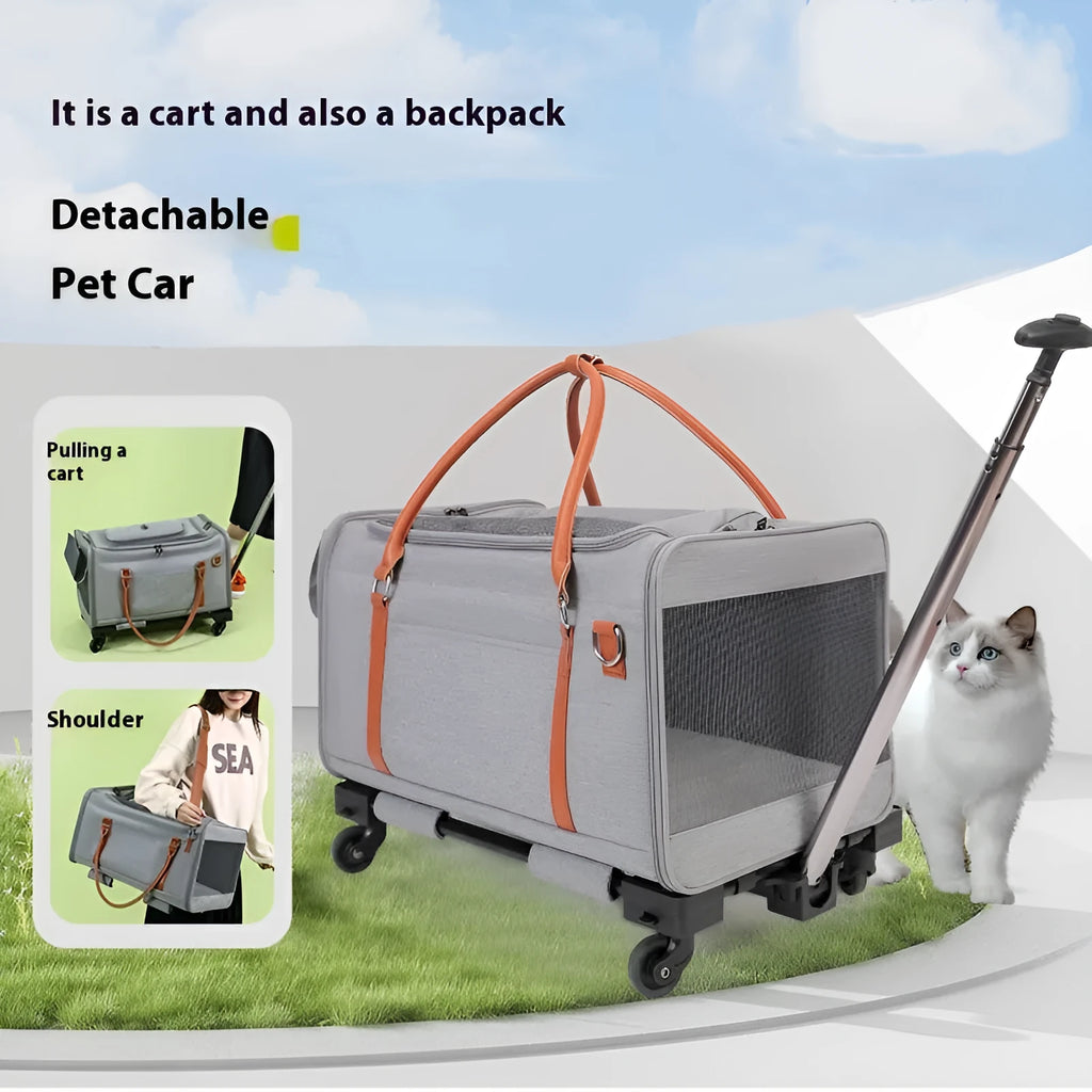 Multifunctional cat bag in solid colour with removable wheels and pull rod, nylon, 9kg capacity
