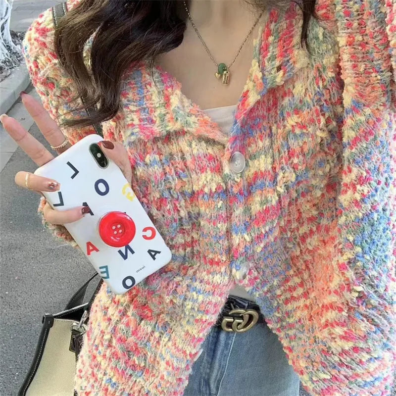 Rainbow patterned knitted cardigan sweater in pink or green colours with slim fit