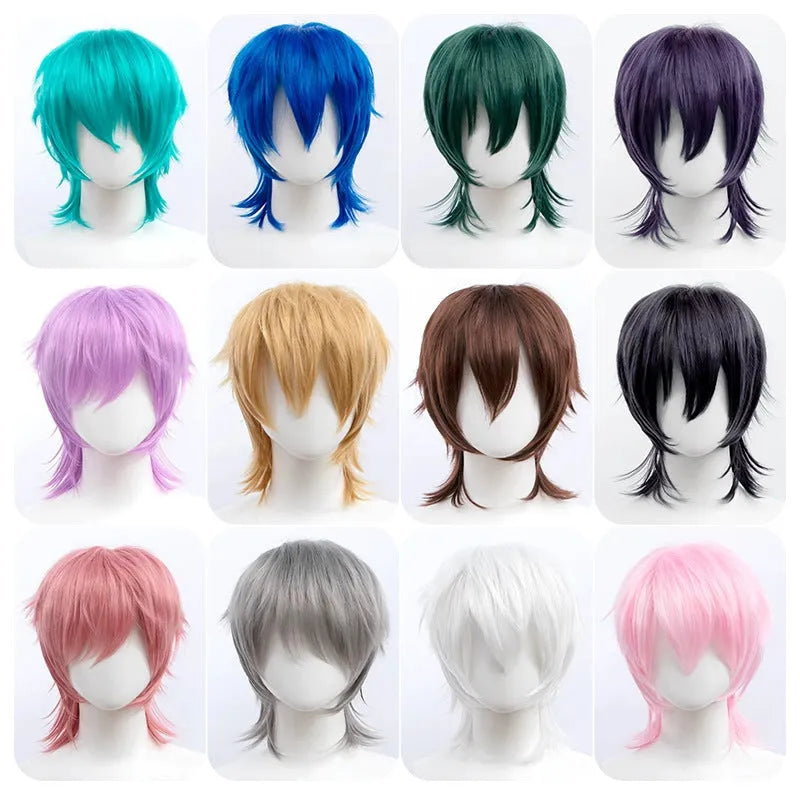 Men's short black anime cosplay wig made from high-temperature synthetic fibre on a stand.
