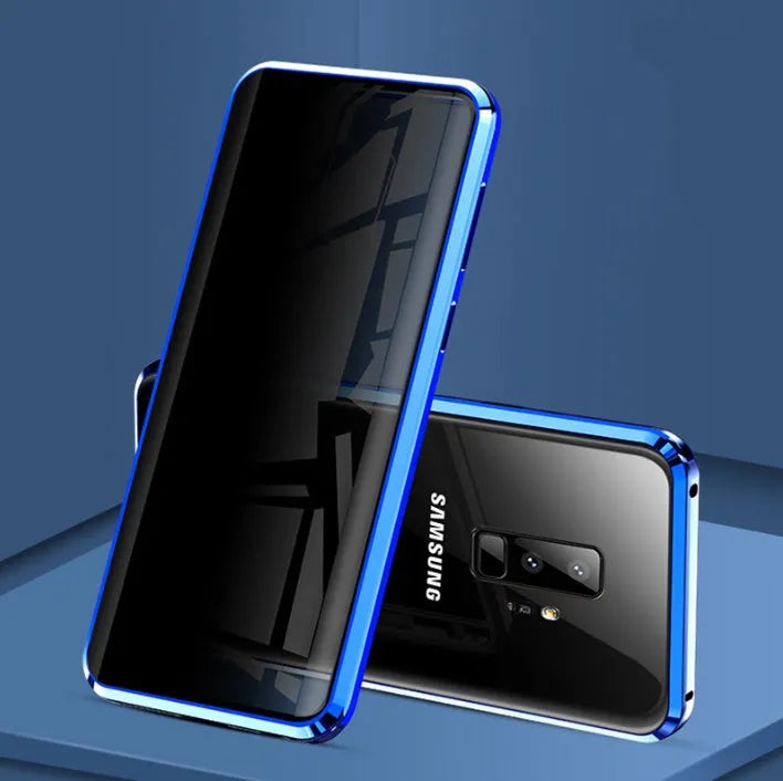 Black magnetic clamshell phone case for Samsung smartphones with glass construction and closed magnetic design