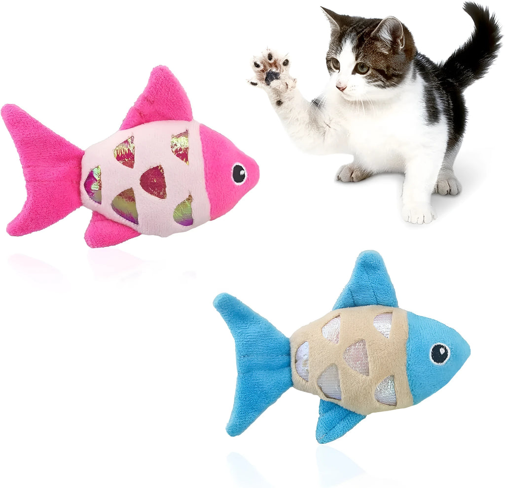Blue, orange and pink fish-shaped cat toys with plush exterior and crinkle paper elements