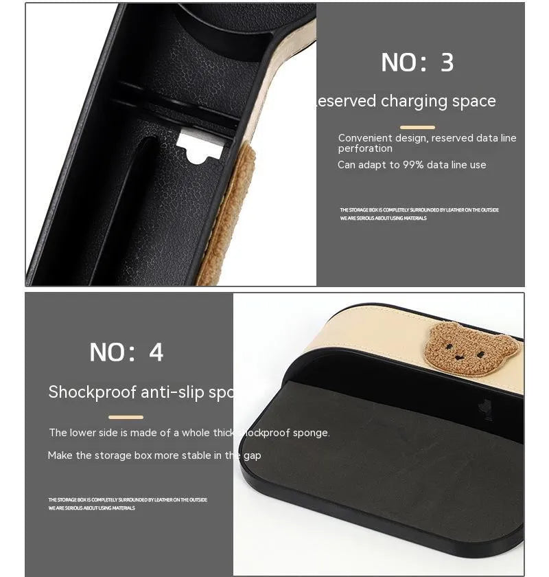 Leather car seat gap storage box with cartoon bear design in black and rice colour options