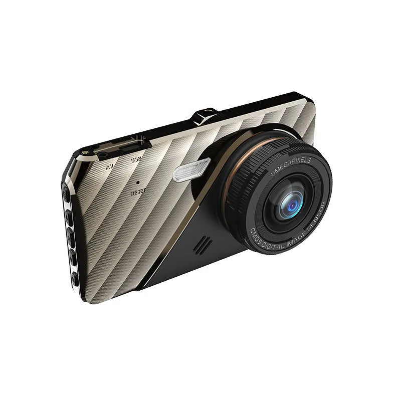 Black 4-inch dual lens dash cam showing front and rear camera configuration with touch screen display