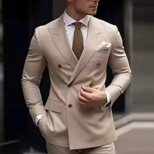 Men's slim fit grey two-piece business suit jacket and trousers on a hanger.